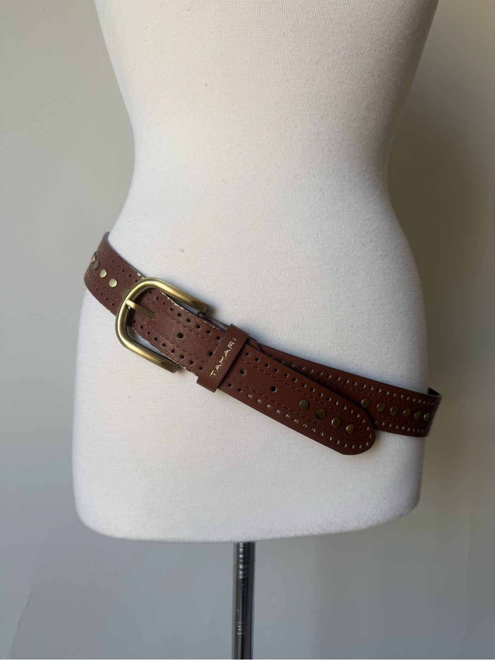 Tahari Cognac Studded Belt Boho Western Faux Leather